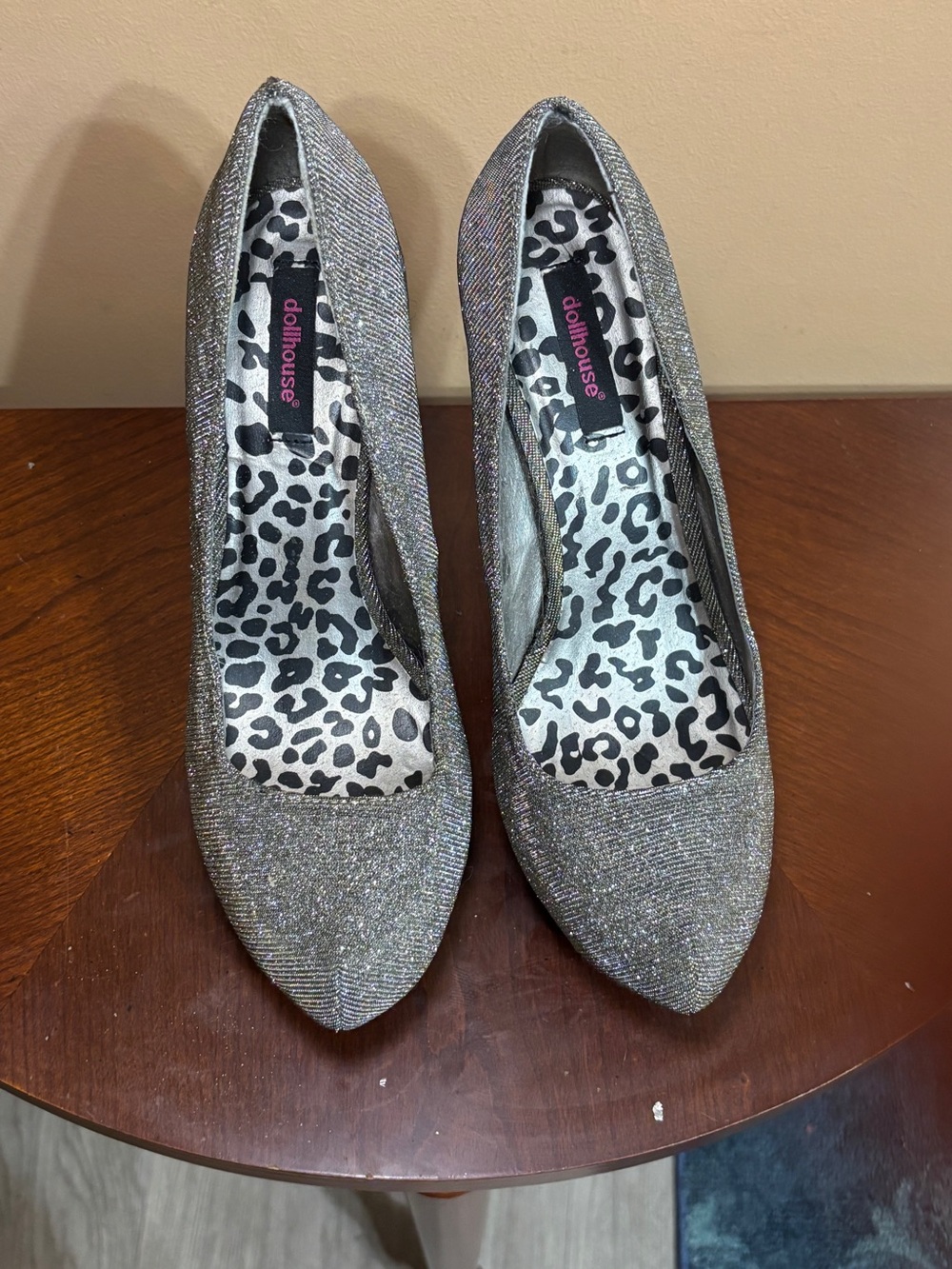 Dollhouse Silver Glitter Pointed Pumps with Leopard Insole